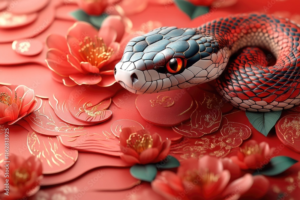 Poster a close-up image of a snake's head and body on a vibrant red background