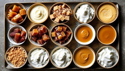 Sticky Toffee Pudding Ingredients in Small Bowls Arrangement on Dark Surface