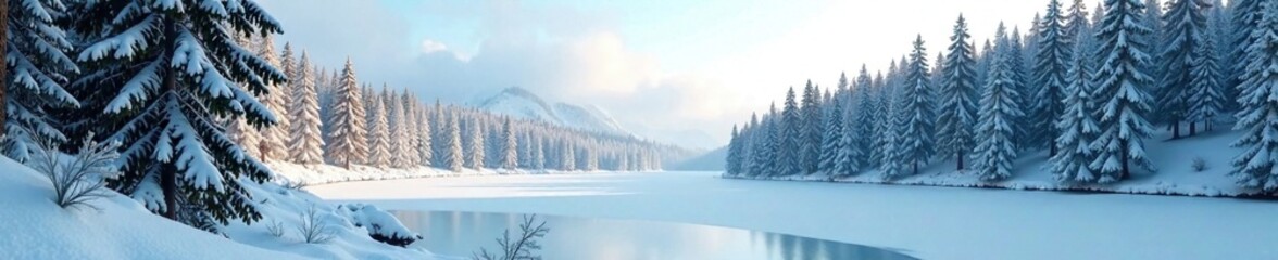 Snowy forest scene with tall evergreen trees and a frozen lake, snowy landscape, coniferous forest