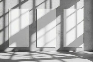 Obraz premium Three empty white picture frames on a table in a blank room, versatile interior design prop