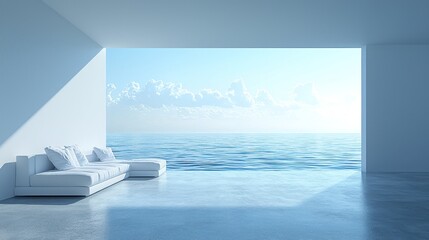Fototapeta premium White sofa in minimal room with ocean view.
