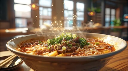 A bowl of Korean Spicy Beef Ramen on a table in a traditional Korean restaurant.