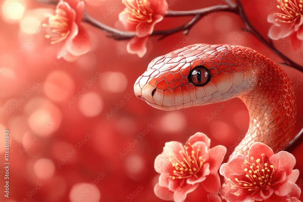 Poster a snake sits on a bright red background surrounded by colorful flowers