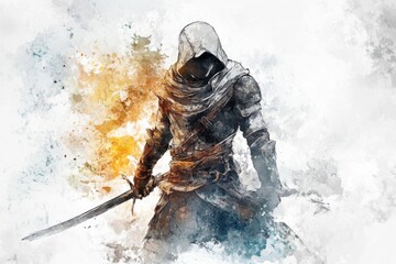 A person holding a sword, suitable for medieval or fantasy themed uses