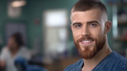 Close-up Photo: Confidently Smiling Barber in Modern Shop. AI Generated