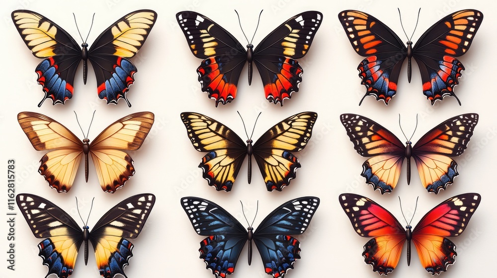 Poster a cluster of colorful butterflies gathered on a pure white surface, ready for capture