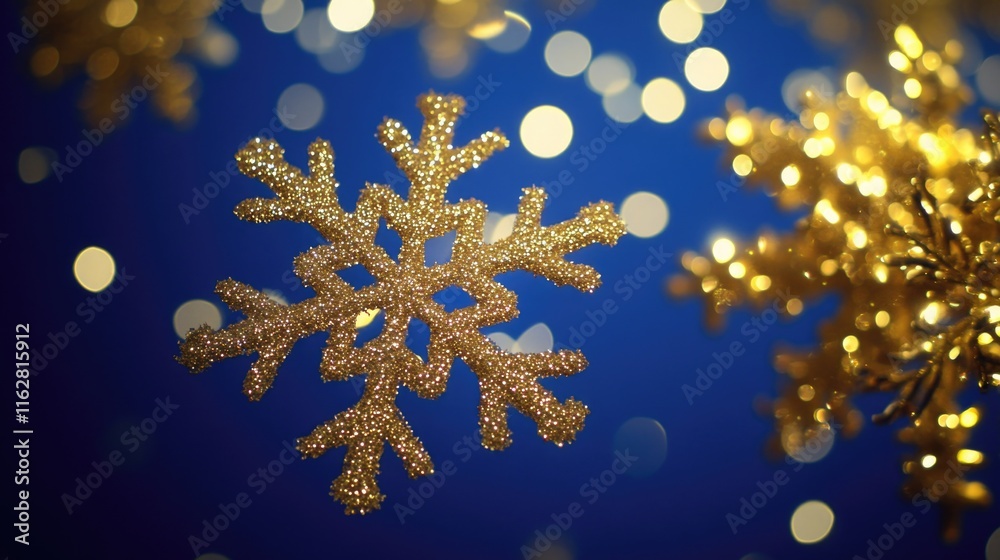 Poster a detailed view of a snowflake on a blue background, perfect for use in winter-themed designs or as 