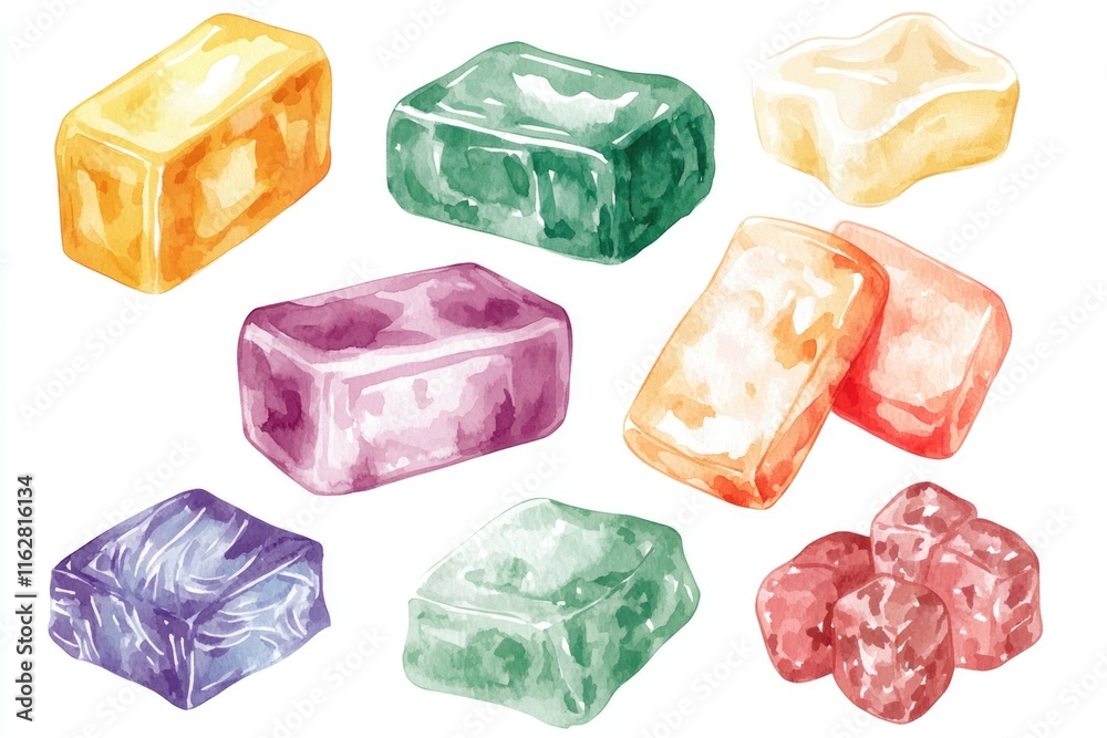 Poster a collection of colorful ice cubes against a pure white background