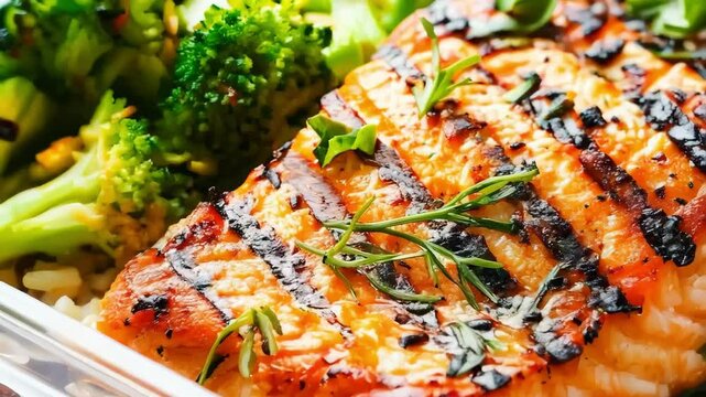 Grilled salmon with broccoli and rice in vibrant meal prep