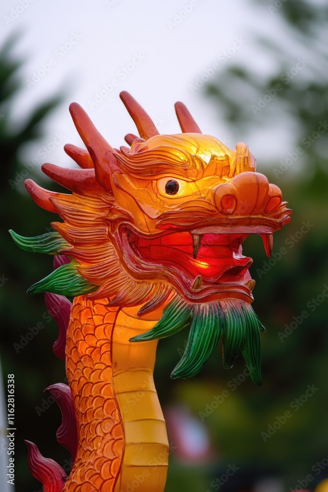Poster a close-up view of a dragon's head on top of a pole, great for fantasy or mythological themed design