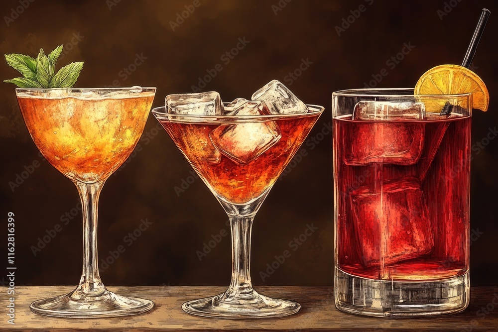 Poster three different types of drinks in glasses on a table, perfect for a party or gathering