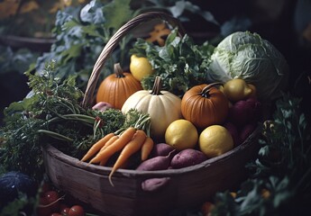 Autumn Harvest: Pumpkins, Carrots, Lemons in Rustic Wooden Basket