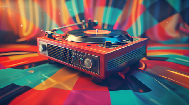 Vibrant Retro Turntable Illustration with Colorful Abstract Background for Music and Vintage Themes