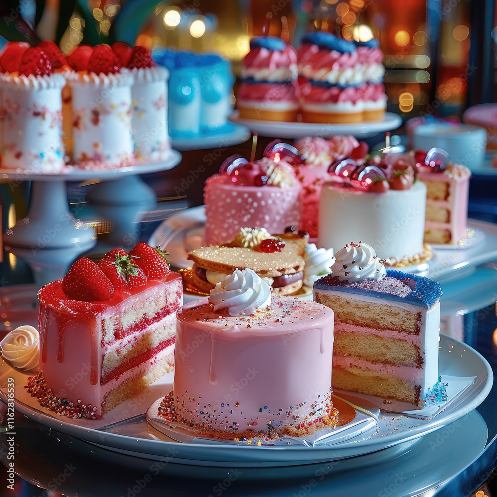 Aufkleber on the table were colorful cream cakes, each with a different color of cream, sparkling drinks, fres
