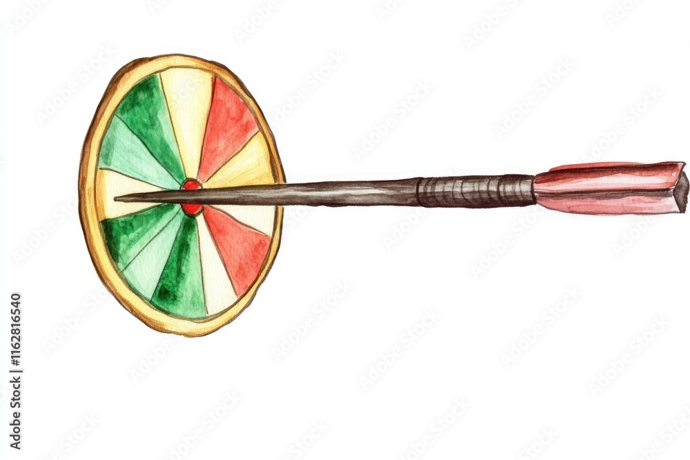 Poster watercolor illustration of a dart hitting a target board with a simple and clean design