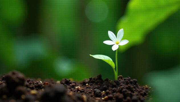 Tiny white flower emerging on banana leaf stem, erva de passarinho Struthanthus flexicaulis germination, tropical forest, seedling