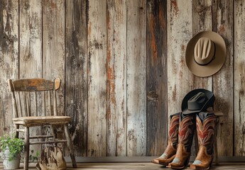 Rustic Western Still Life: Cowboy Boots, Hats, and Chair Against Weathered Wood