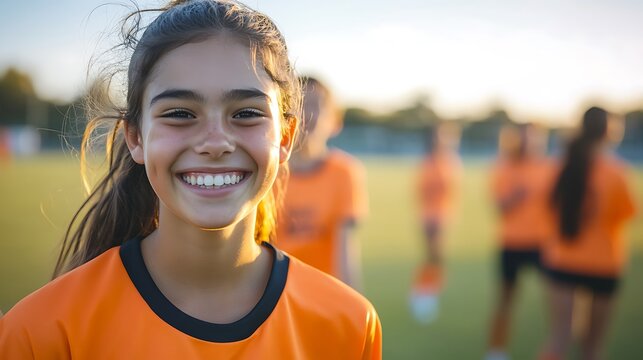 Young female soccer player smiling on field with teammates - Powered by Adobe