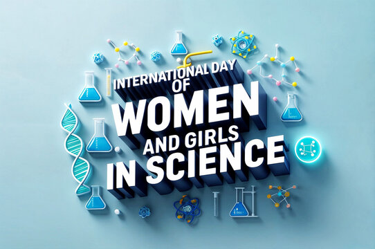 3d illustration text word International Day of Women and Girls in Science Feb event, featuring scientific symbols, DNA strands, and molecular structures against a blue background