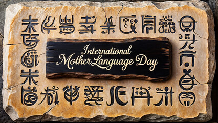 A stone with intricate carvings of various symbols and a wooden plaque in the center with word text "International Mother Language Day."  An Feb event