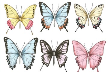 A group of colorful butterflies sit on a white surface, ready for observation or use in various designs