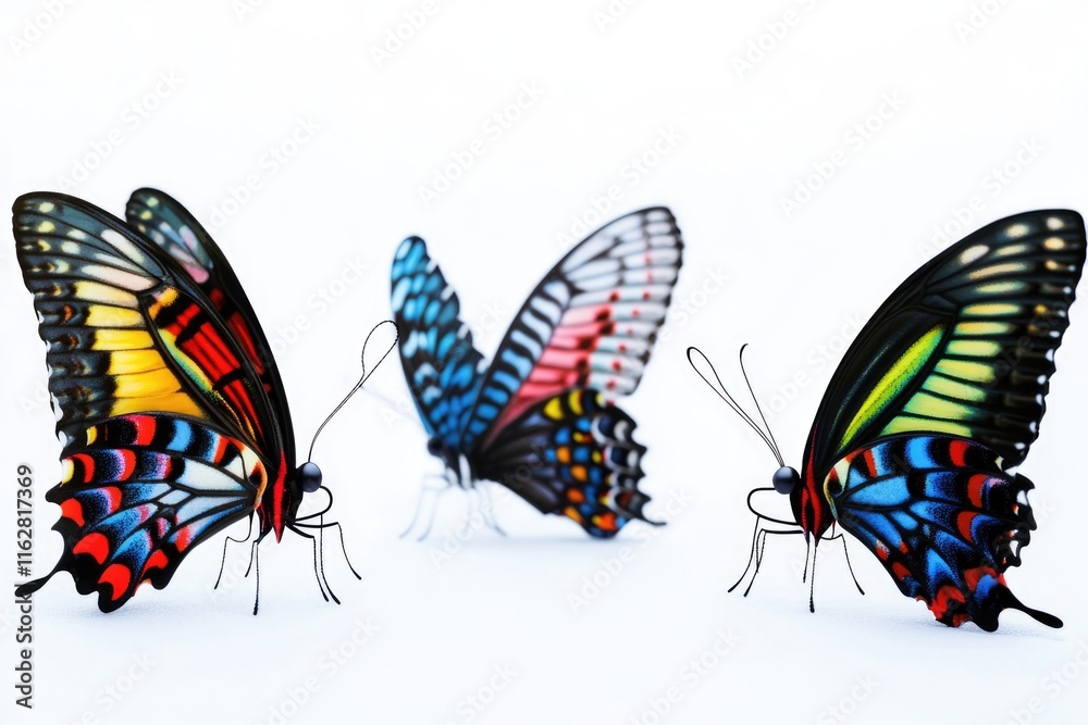 Poster three colorful butterflies sit on a white surface, ready for capture or observation