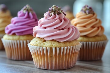 Close-up of colorful cupcakes with creamy frosting on a table, perfect for food styling or party decoration