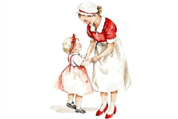 A watercolor illustration of a woman and her young daughter playing together