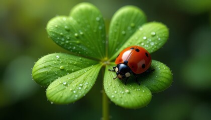 Fototapeta premium Ladybug resting on a dewy clover leaf with a green blurred background