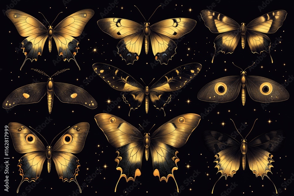 Poster a group of butterflies with golden wings against a dark background, ideal for use in illustrations o