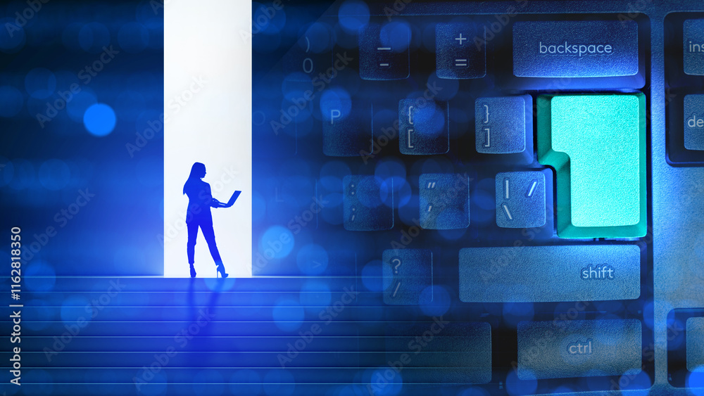 Fototapete woman system administrator. keyboard with empty green button. system administrator silhouette. compu