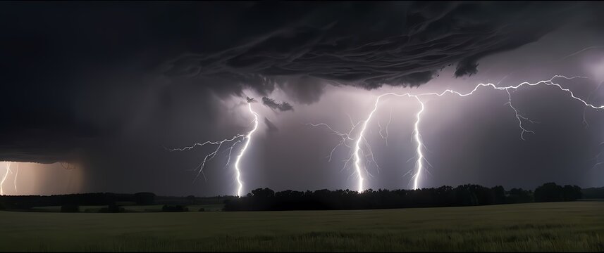 A dramatic shot of a thunderstorm rolling over a field with dark clouds swirling ominously and flashes of lightning illuminating the sky