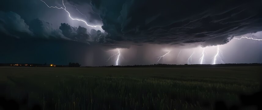 A dramatic shot of a thunderstorm rolling over a field with dark clouds swirling ominously and flashes of lightning illuminating the sky