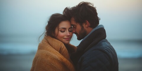 A couple lovingly embraces on a foggy beach, enjoying their serene connection on a chilly evening.