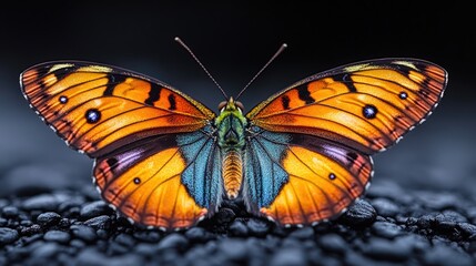 Obraz premium Colorful butterfly perched on dark volcanic rocks, great for nature and adventure scenes