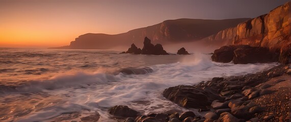 Obraz premium A breathtaking view of a rocky beach at sunset where the sky is painted in warm colors and the waves gently crash against the shore