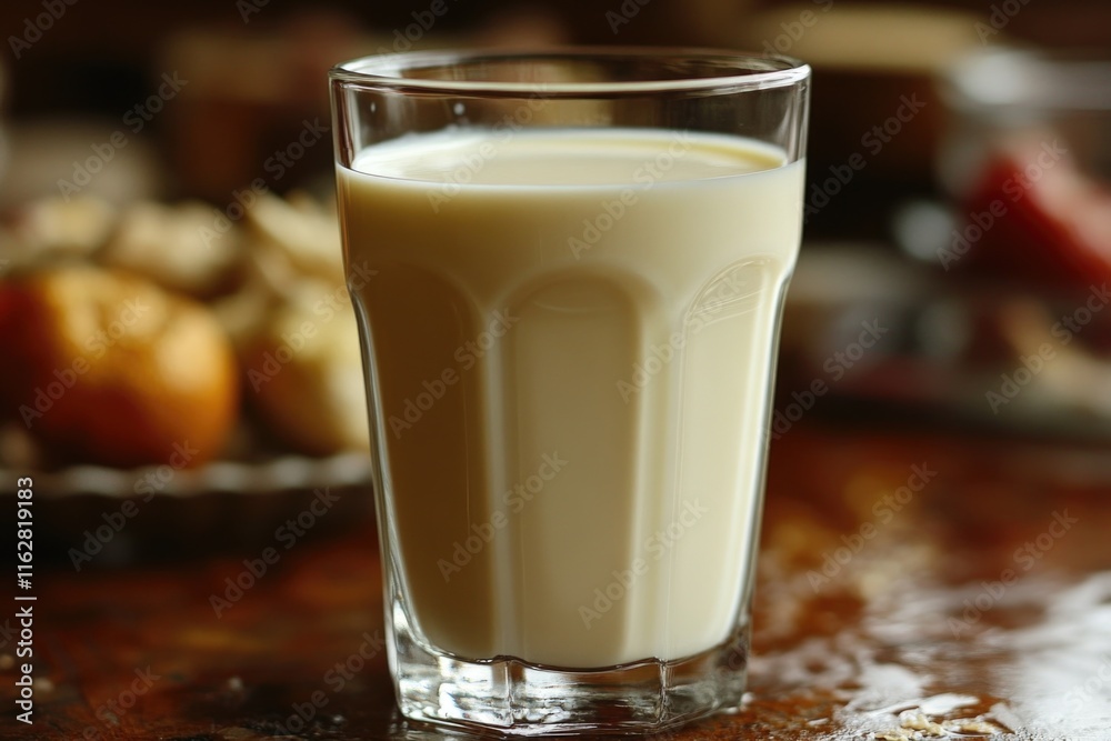 Poster A single glass of milk placed on a table with no other objects in sight
