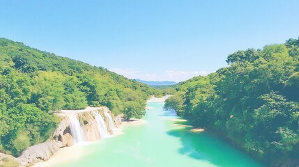 Naklejka premium Stunning Wide Shot Photo: Serene Waterfall Cascadng into Vibrant River Valley. AI Generated