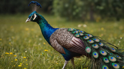 Obraz premium Peacock with a proud mood displaying its colorful feathers in a green meadow