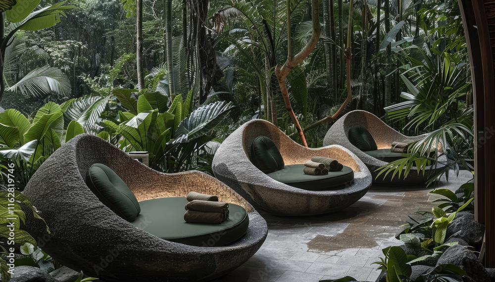 Poster immerse yourself in a lush rainforest setting, where the seating flows effortlessly into the natural