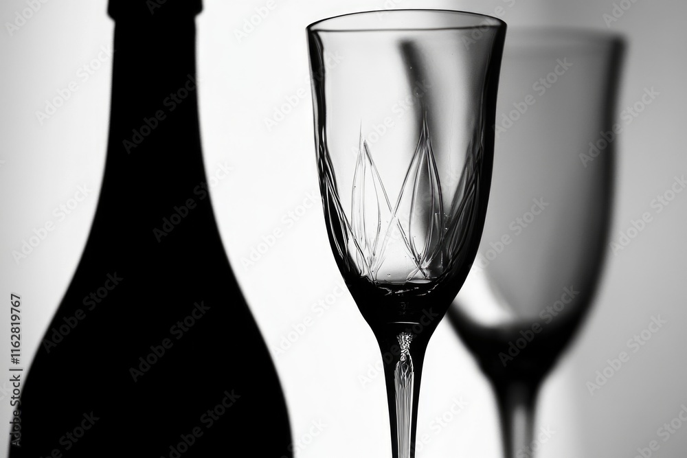 Poster two empty wine glasses and a bottle of wine on table