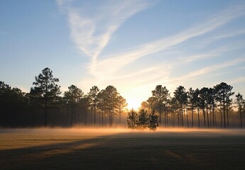 Misty Sunrise Meadow with Silhouetted Pine Trees