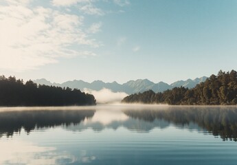 Serene Misty Lake Morning: Mountain Reflection Landscape