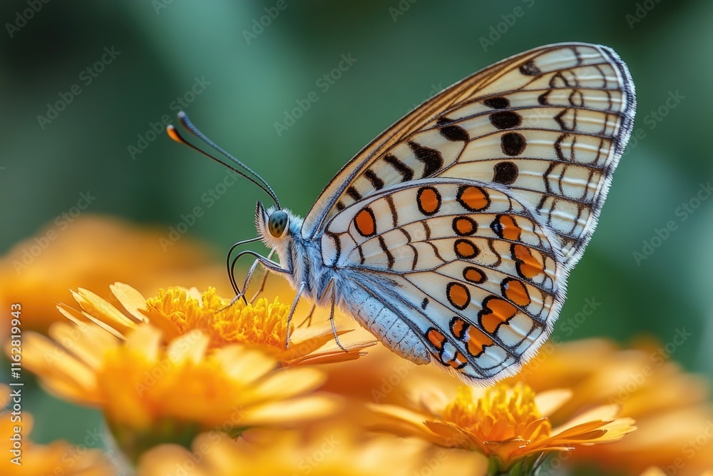 Poster a close-up view of a butterfly sitting on a colorful flower, with delicate petals and intricate deta