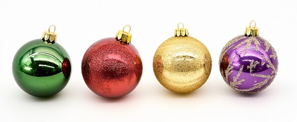 Four Sparkling Christmas Ornaments: Green, Red, Gold, Purple Glitter Balls