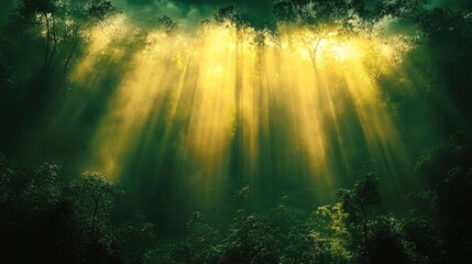 Fototapeta premium Golden sunlight beams through lush forest canopy, creating a mystical atmosphere of tranquility.