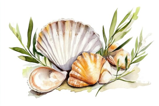 Delicate watercolor painting featuring shells and leaves