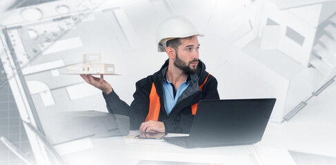 Man architect. Builder designer at desk. Man architect holding model of house. Engineer designs...