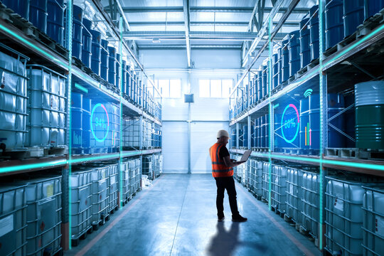 Petroleum products warehouse. Man near shelves with plastic barrels. IBC inside logistics center. Man manager with laptop video report of petroleum products. Fuel warehouse inside industrial hangar