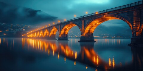 Fototapeta premium A glowing stone bridge arches over calm water under a foggy sky, reflecting lights beautifully.